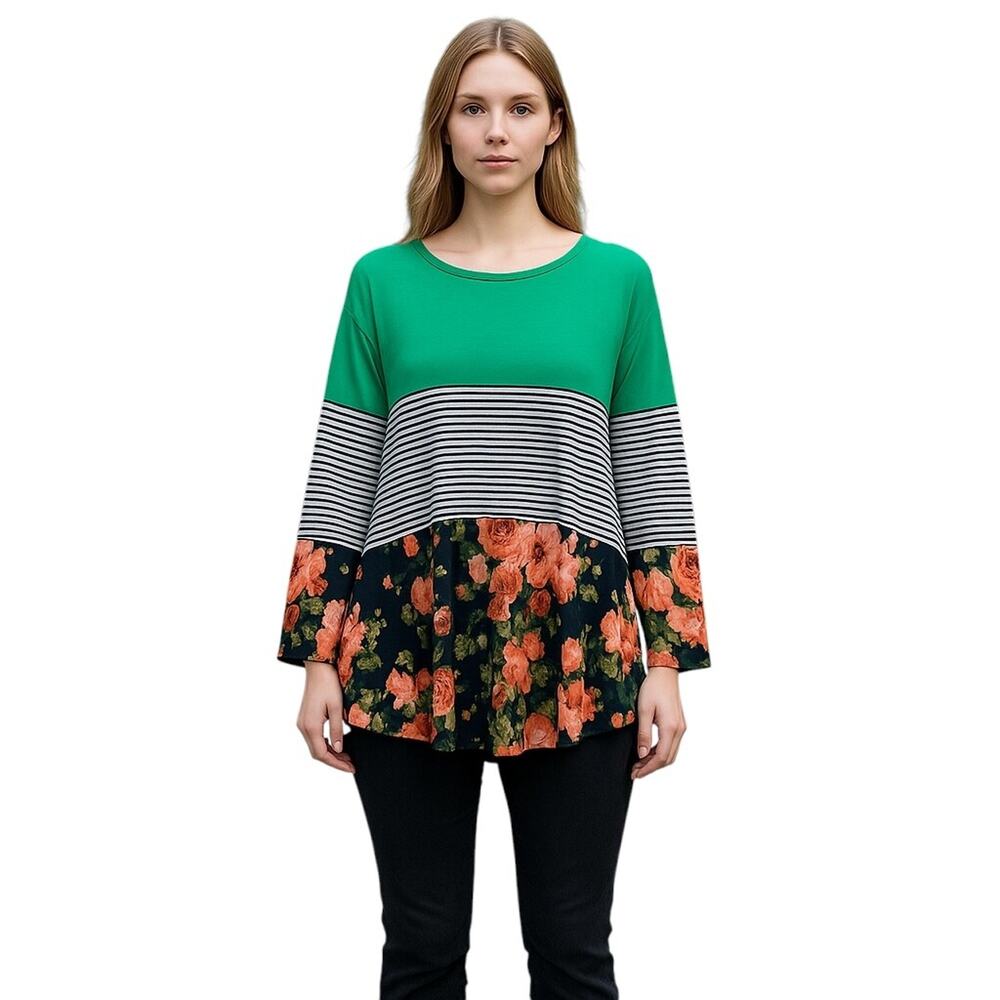 Egs California Green Colorblock Striped Floral Print Long Sleeve Tunic‎ Top XL